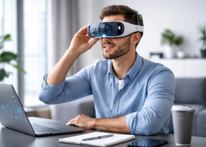 Homem usando headset de realidade virtual (VR) em um ambiente minimalista e moderno, sentado à mesa com notebook