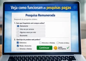 exemplo de pesquisas pagas online com questionário e opções de resposta em um notebook