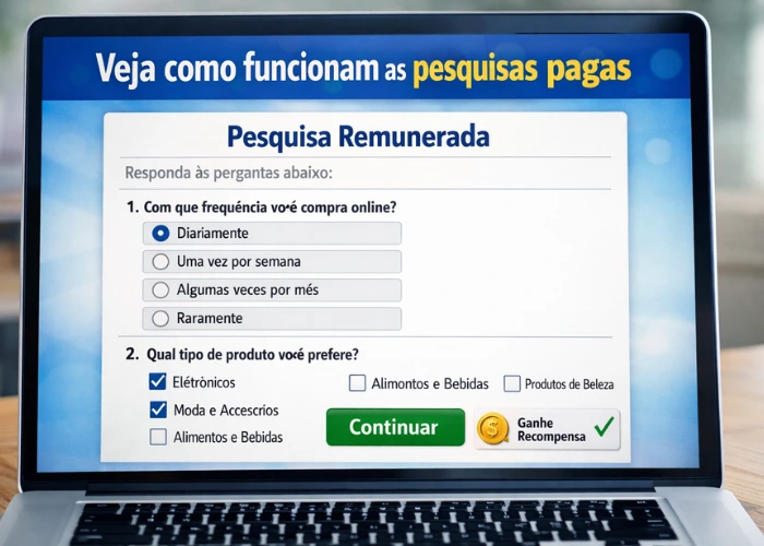 exemplo de pesquisas pagas online com questionário e opções de resposta em um notebook