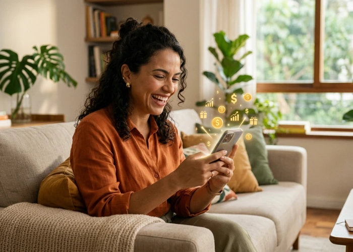 Mulher brasileira usando celular no sofá, sorrindo enquanto recebe dinheiro online com pesquisas remuneradas