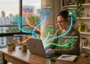 Pessoa trabalhando em marketing digital com estratégias online, redes sociais e gráficos de crescimento