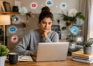 Mulher utilizando notebook cercada por ícones flutuantes de marketing digital, inteligência artificial e mídias sociais.