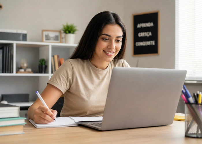 Mulher estudando online pelo notebook em um home office